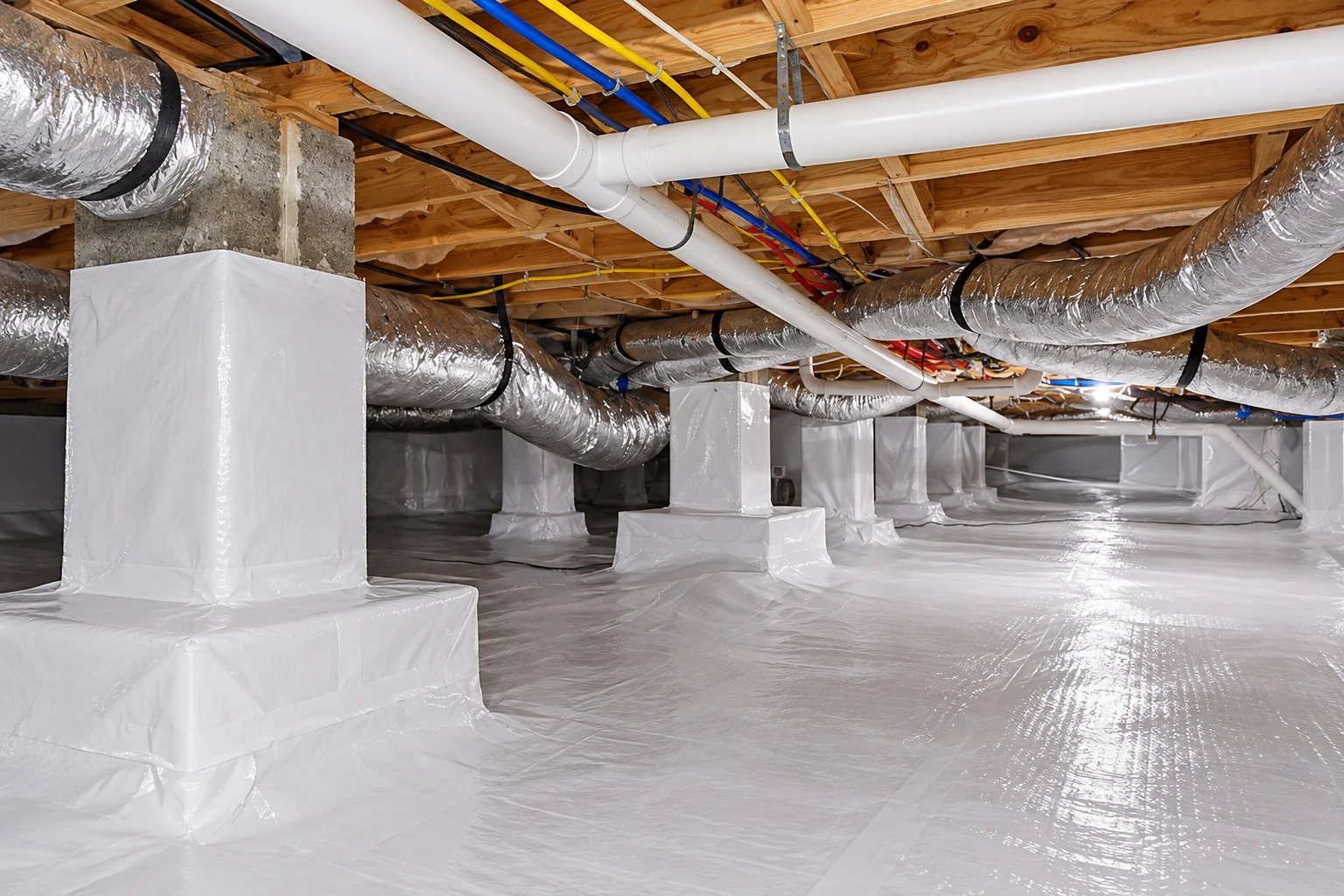 Crawl space with a white vapor barrier covering the floor and piers beneath exposed joists, ducts, and plumbing.
