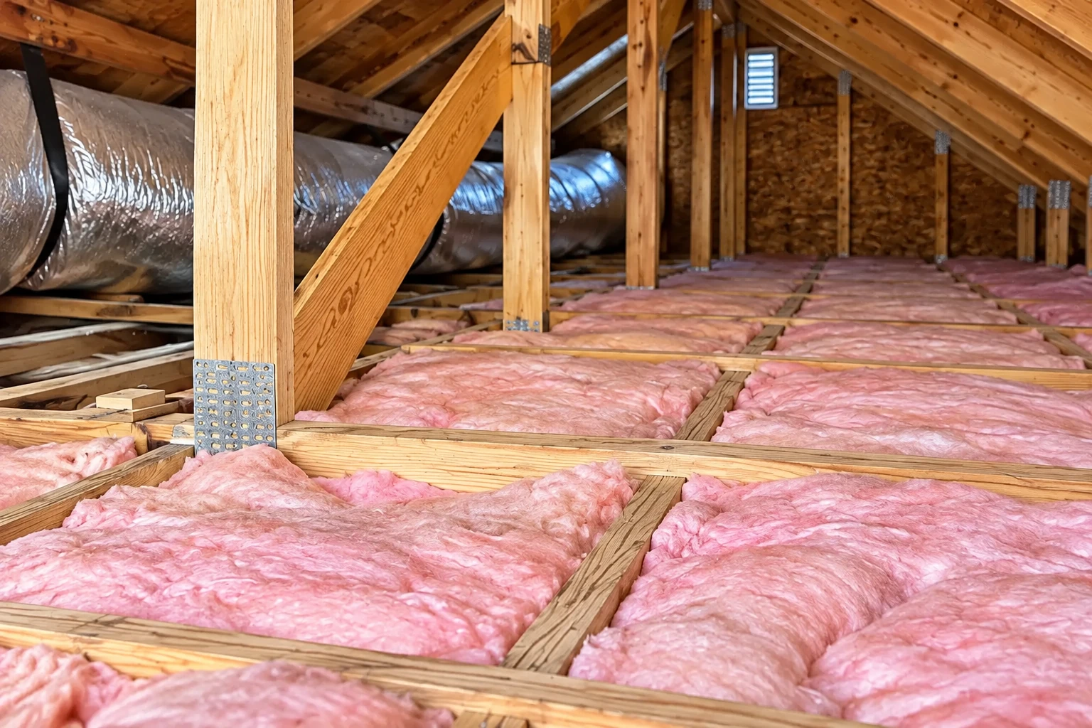 Pink batt insulation fills the floor joists in an attic with exposed wooden trusses and a metal air duct.