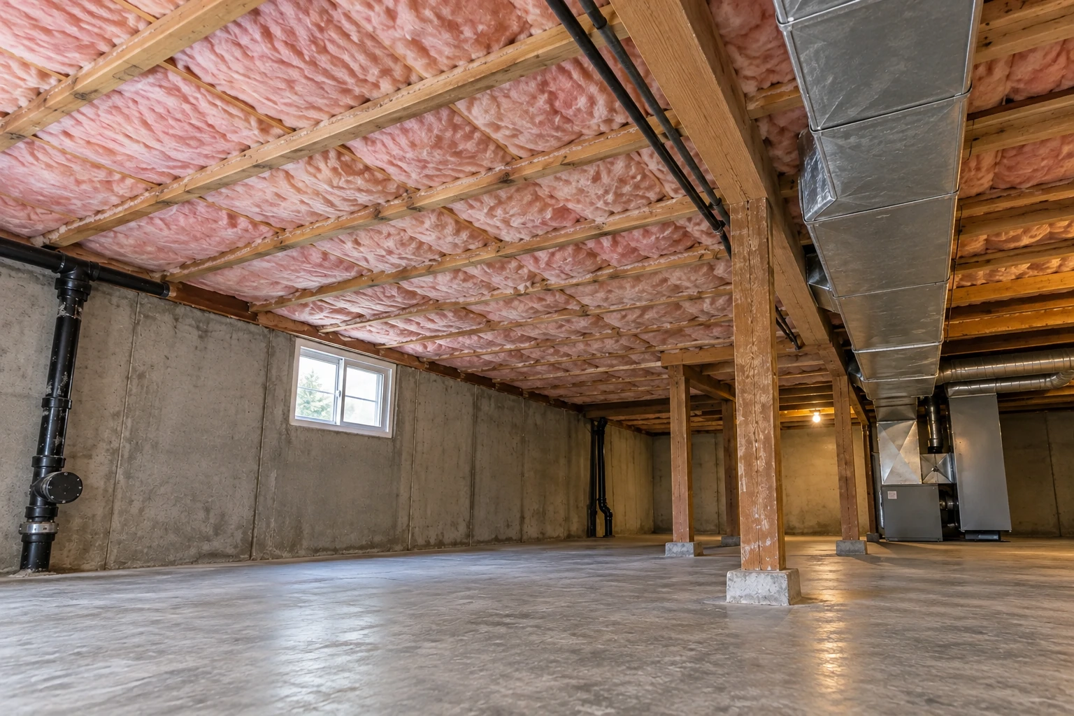 Pink batt insulation fills the basement ceiling joists above a concrete floor, with ductwork and support posts nearby.