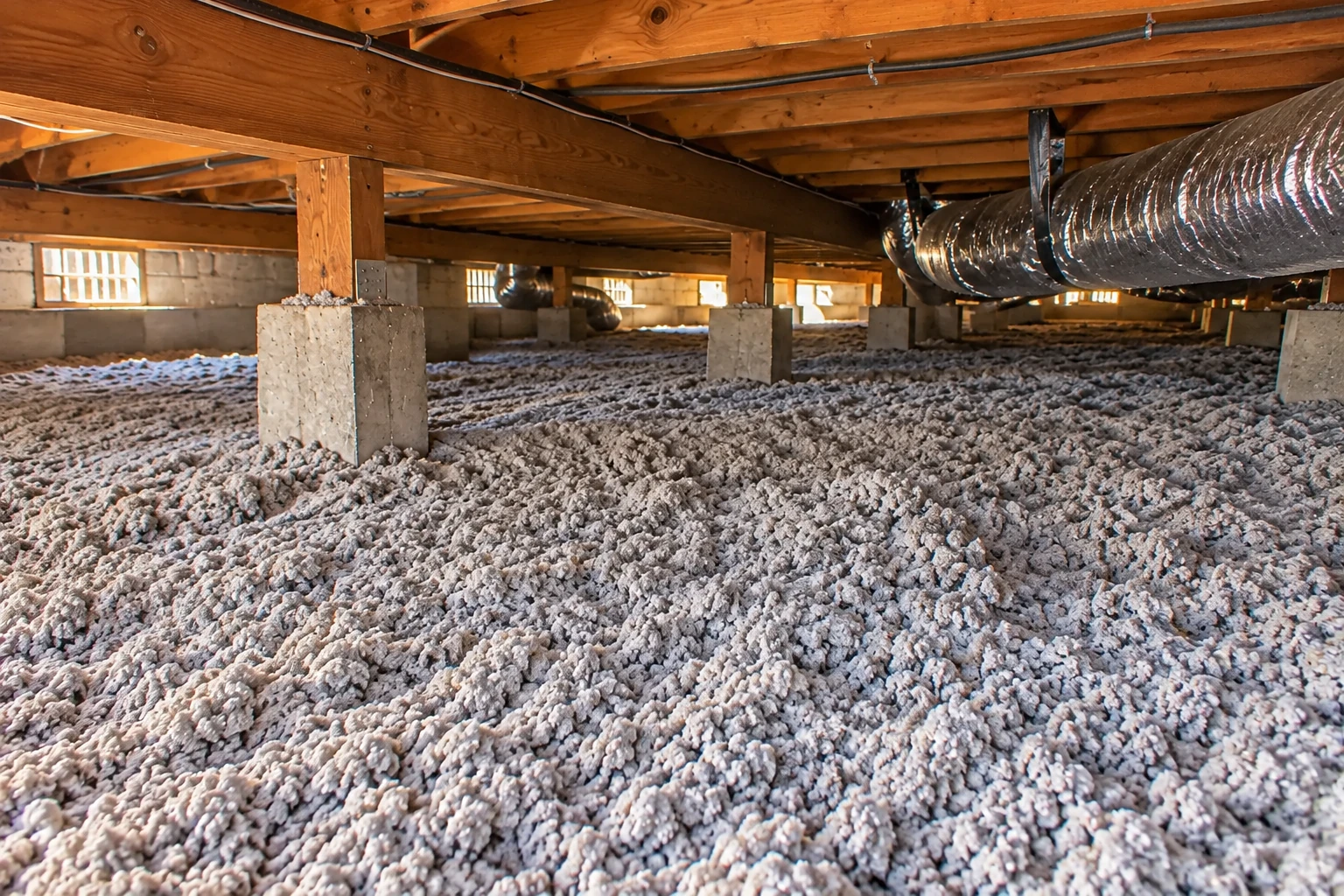 Blown-in insulation covers a crawl space floor beneath wooden joists and a large duct.