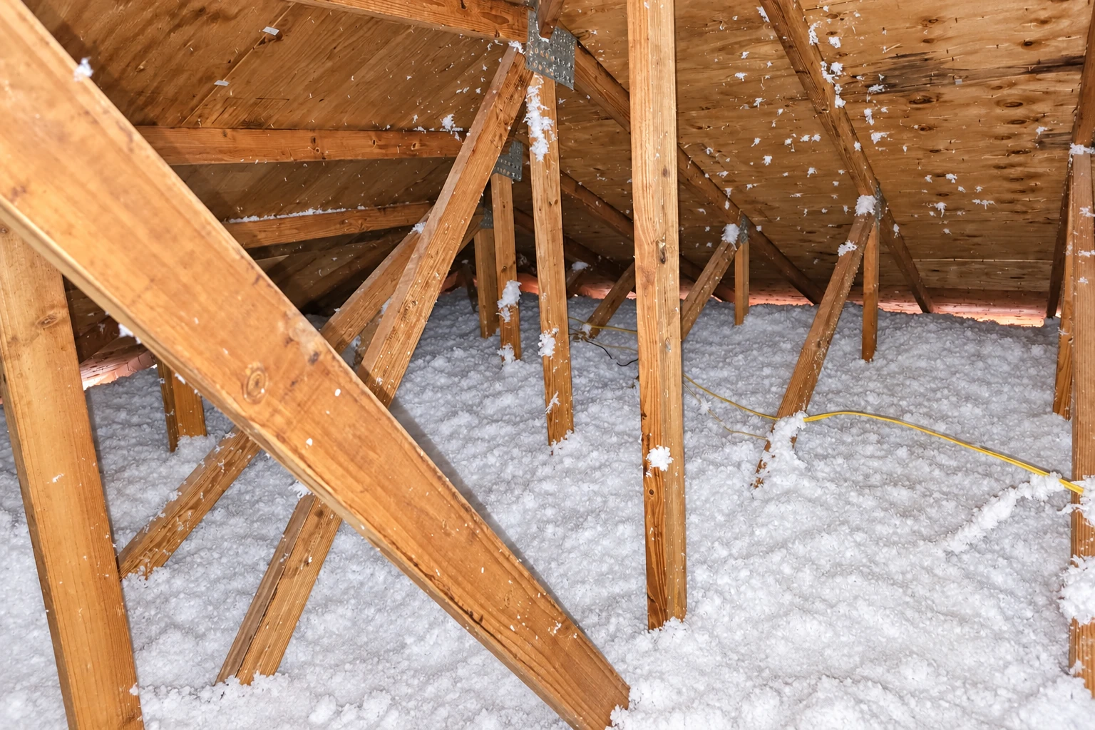 Loose white blown-in insulation covers an attic floor beneath exposed wooden roof trusses.