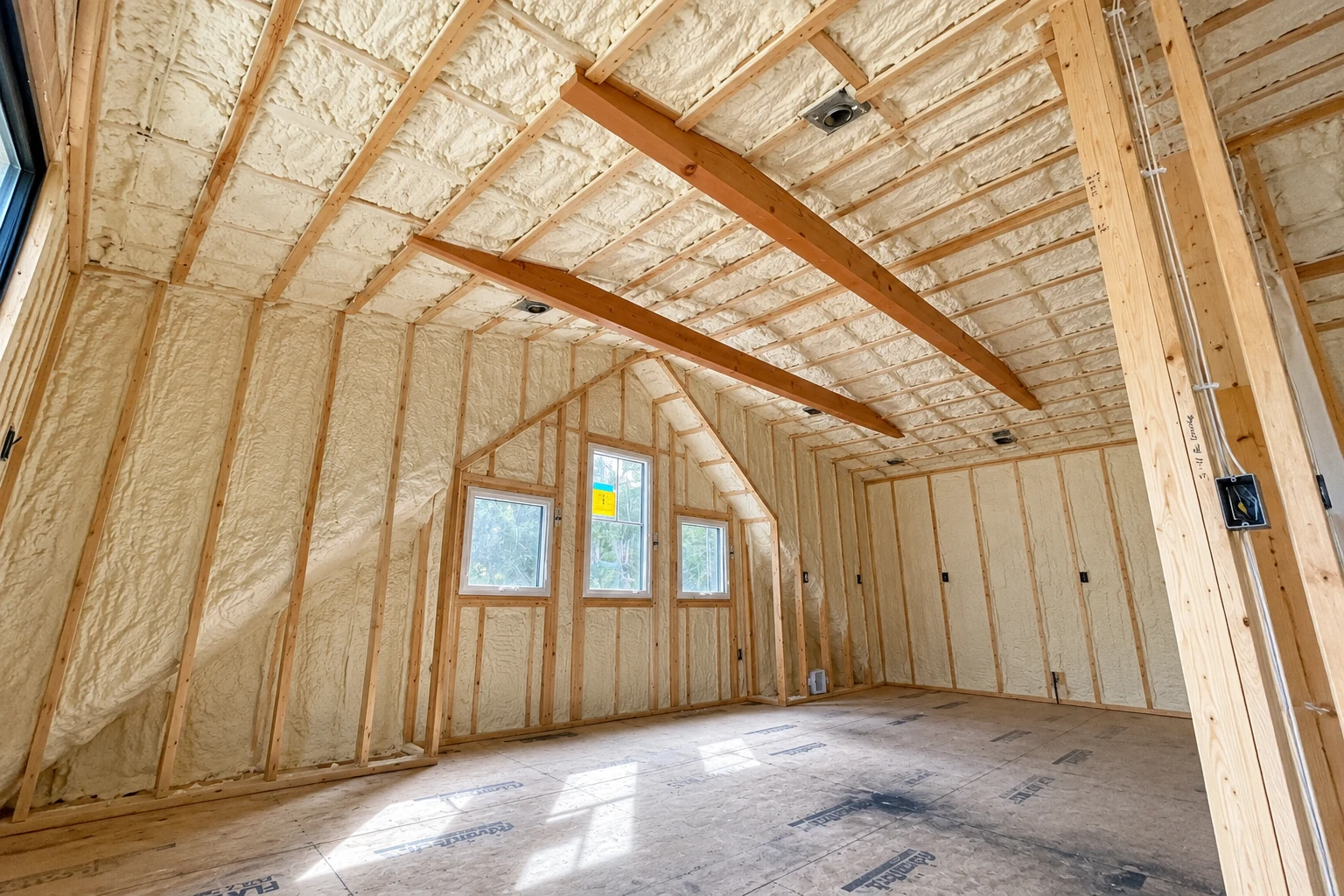Unfinished room with cream spray foam covering the walls and ceiling between exposed wooden framing.