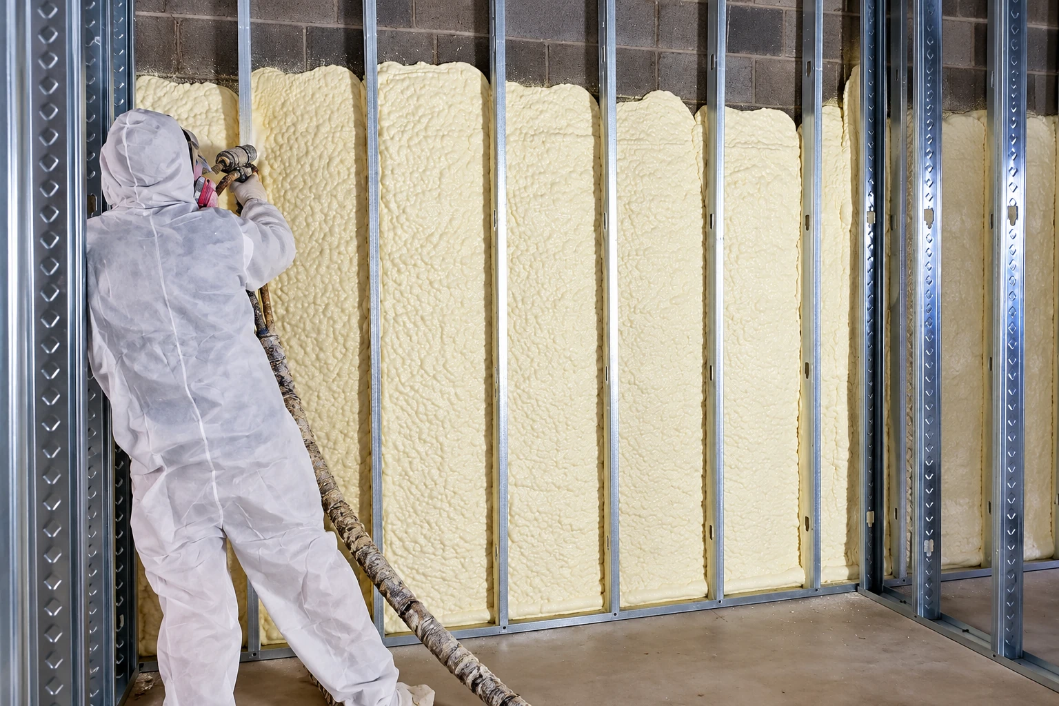A worker sprays closed-cell foam insulation into wall cavities between metal studs.