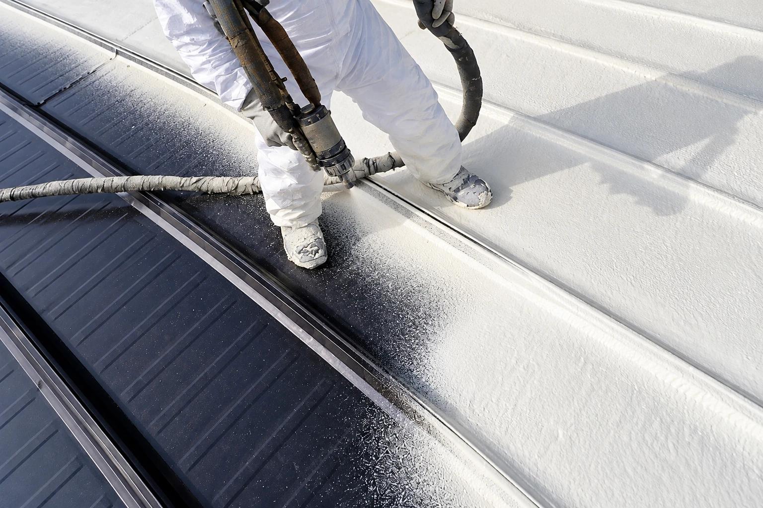 A worker in protective clothing sprays white foam insulation across a dark metal roof.