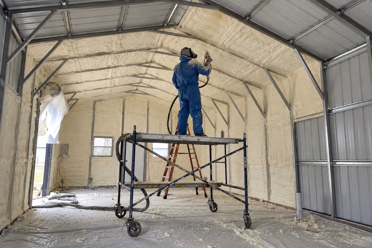 A worker applies spray foam insulation to the ceiling of a metal commercial building while standing on scaffolding.
