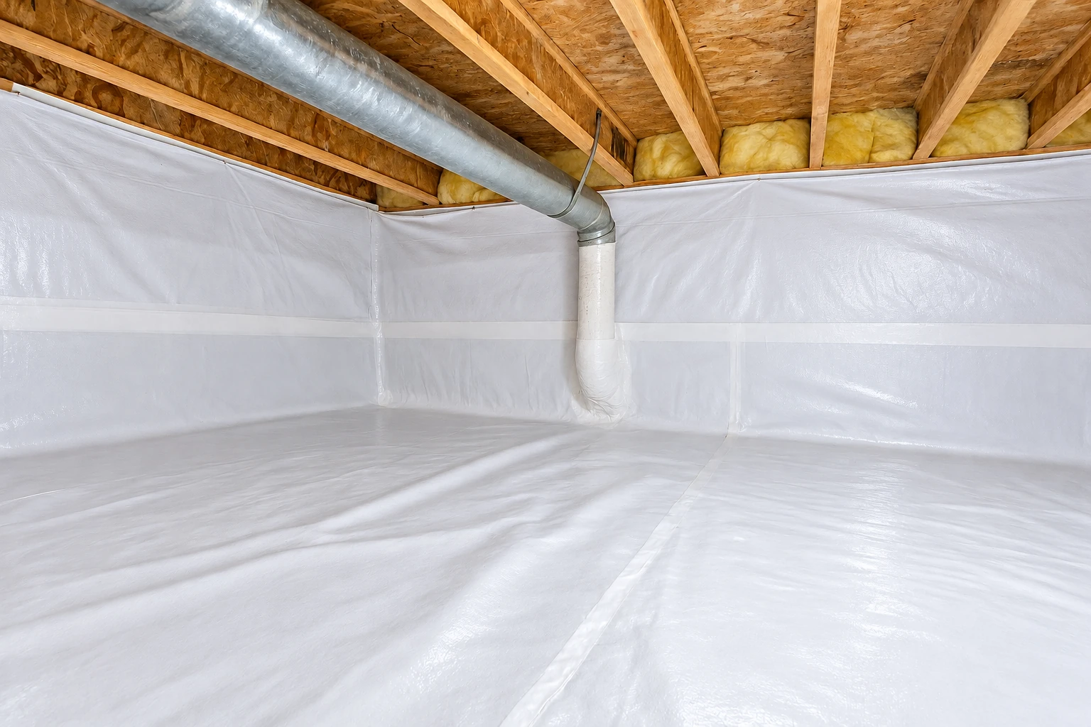 A crawl space has a white vapor barrier covering the floor and walls, with exposed joists and a metal duct overhead.