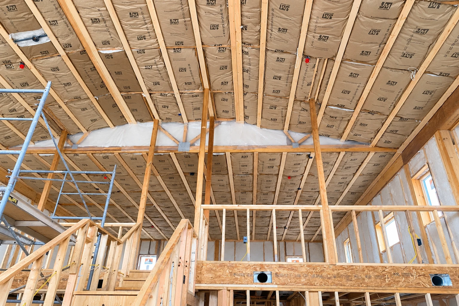 Fiberglass batts are fitted between the rafters in the ceiling of a framed house.