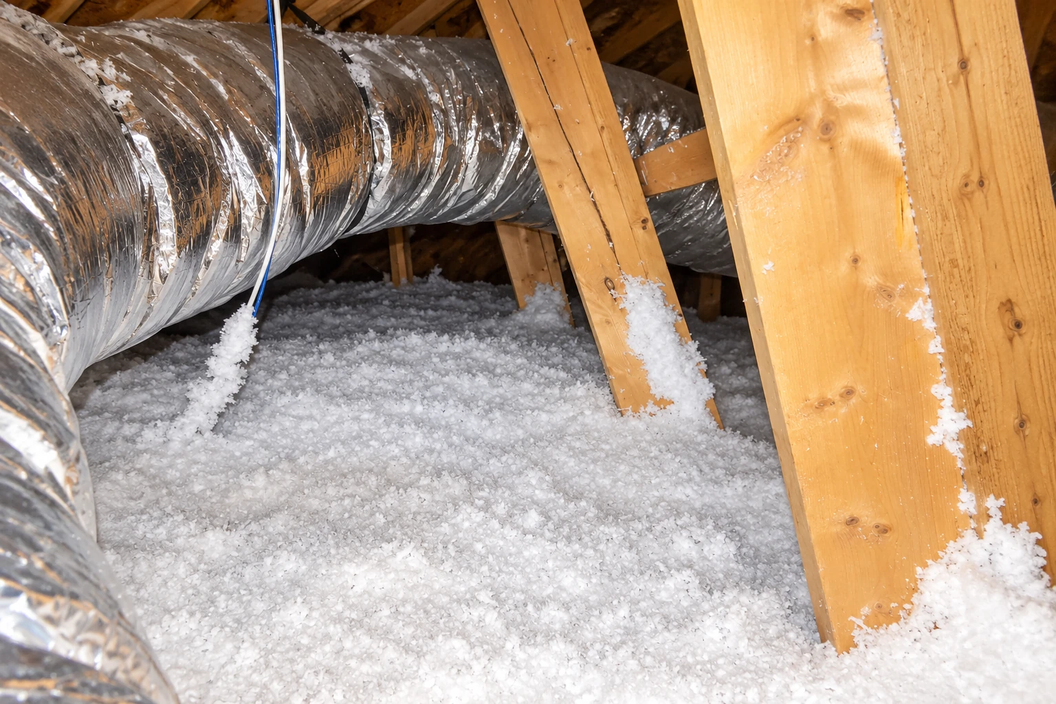 Attic floor covered with loose white insulation beneath wooden rafters, with silver flexible ducts running overhead.