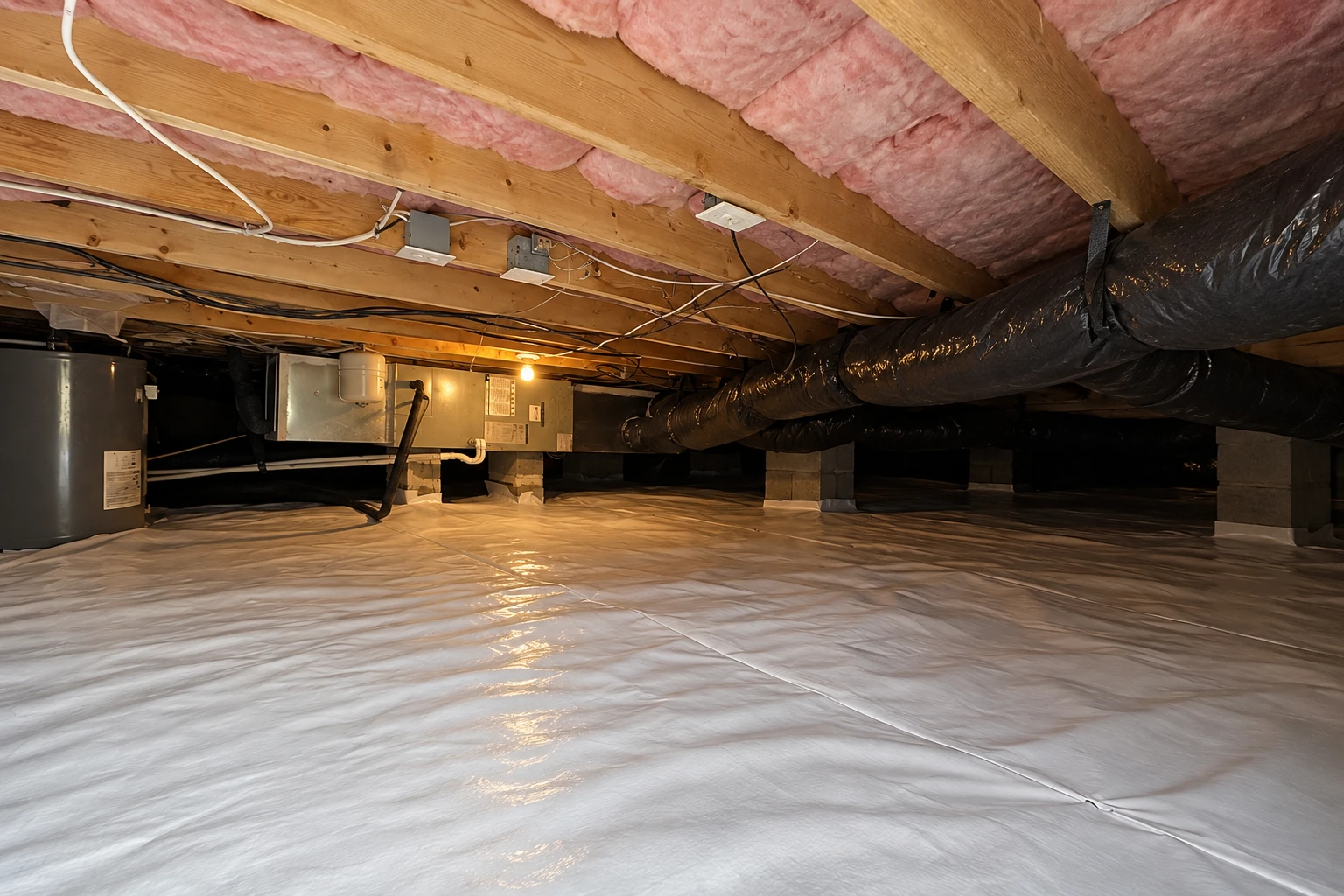 A crawl space with a white vapor barrier across the floor, pink insulation between floor joists, and large dark ducts.