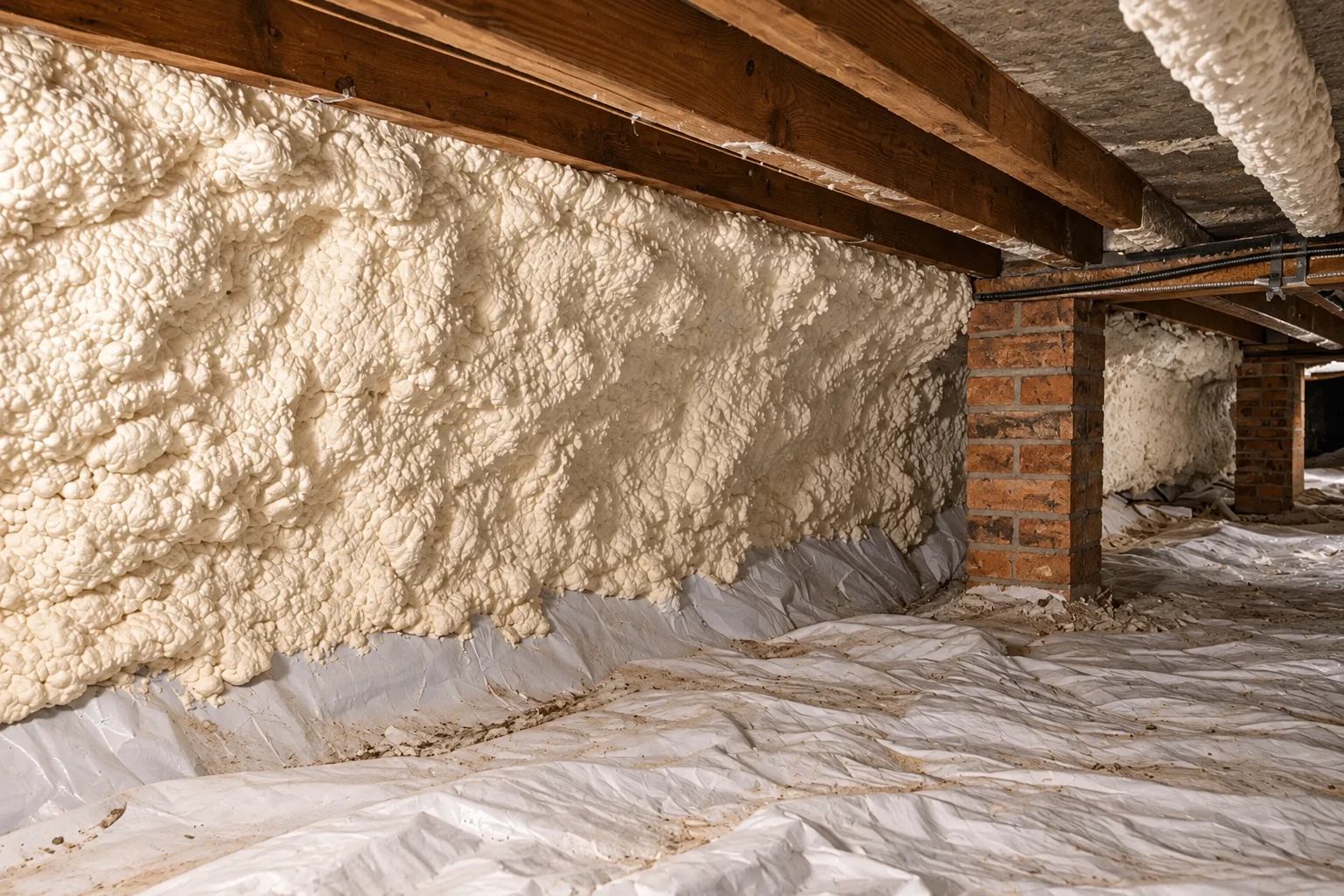 Crawl space with white spray foam covering the foundation walls and plastic sheeting across the floor beneath exposed joists.
