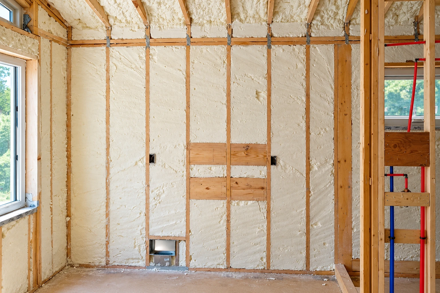 Unfinished room with cream spray foam filling the wall cavities between exposed wooden studs.