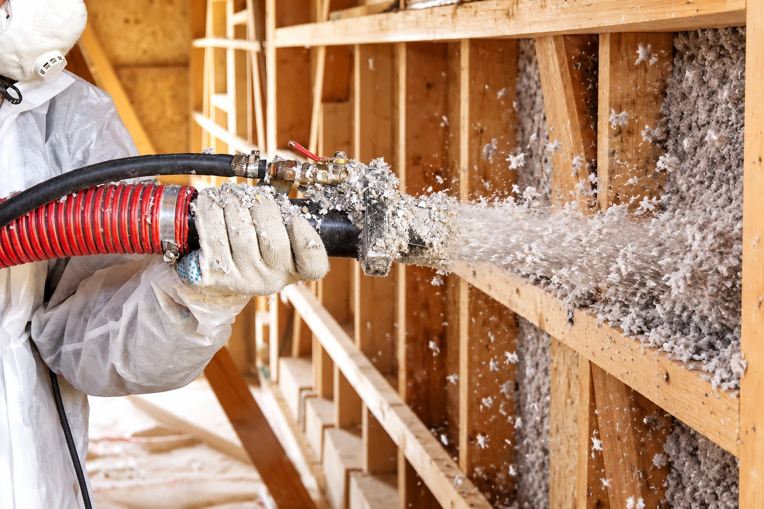 Worker in protective coveralls sprays loose insulation into open wooden wall cavities through a hose.